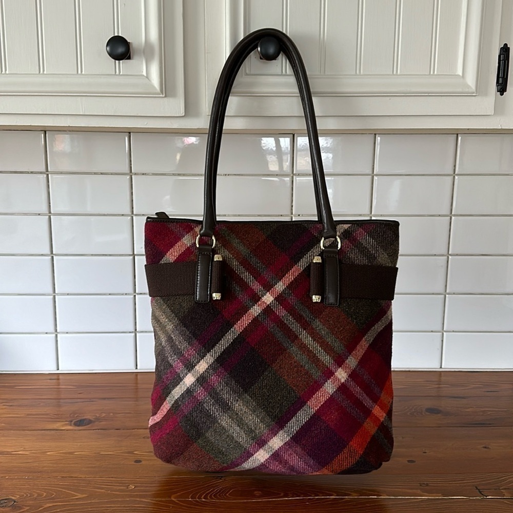 NWOT Talbots Plaid Wool Blend Tote with Leather Trim.